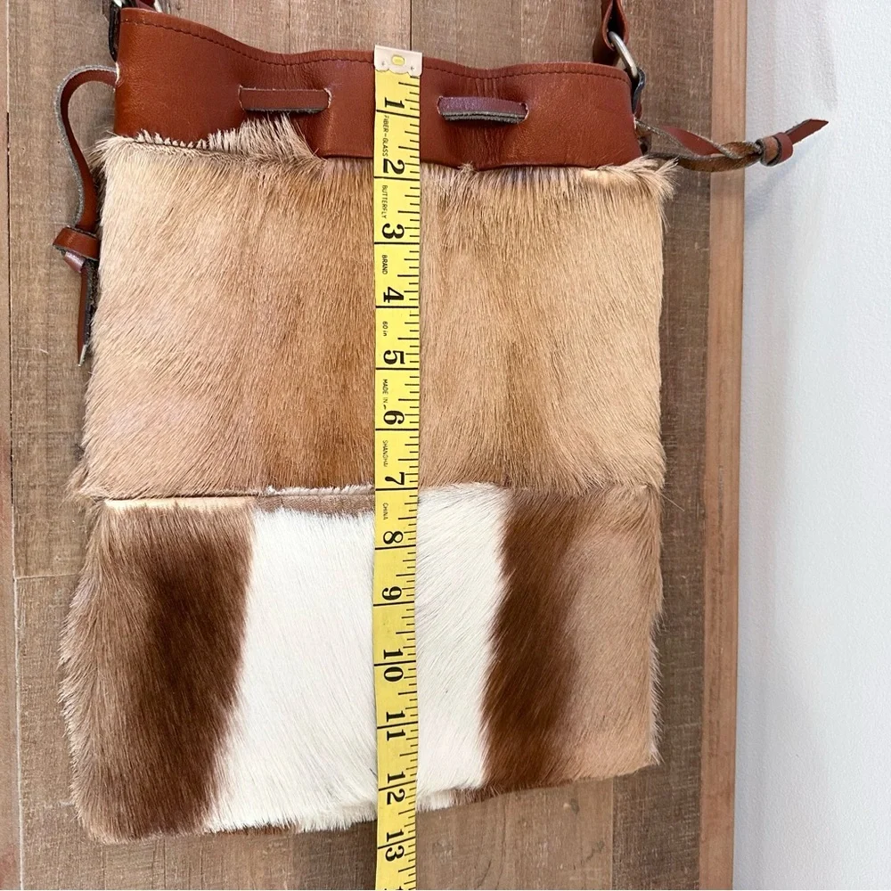 Vintage Cowhide Drawstring Leather Purse Shoulder Bag Brown Tan White Silk Lined - Picture 8 of 16